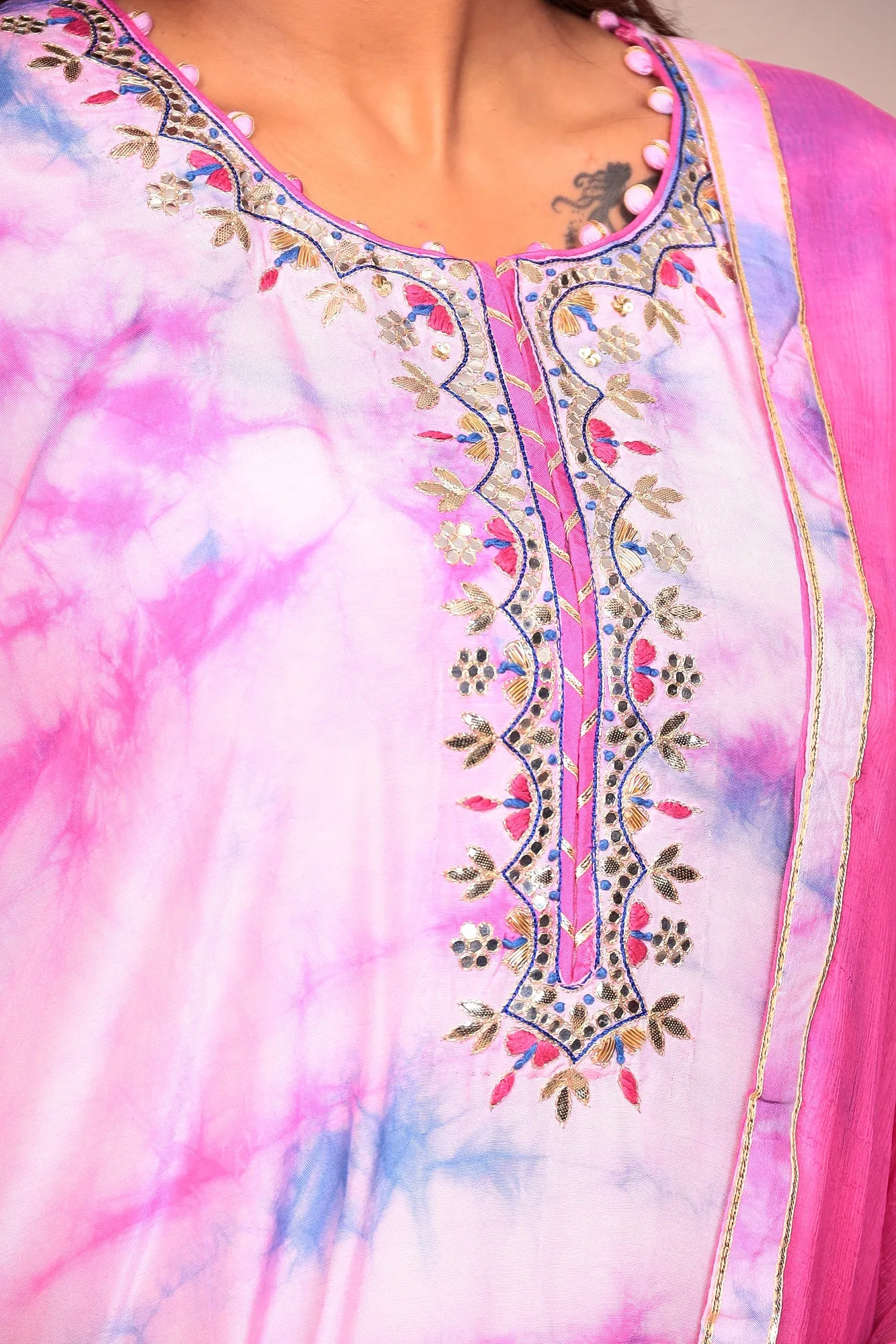 Assymetrical Cut Tie & Dye Silk Kurta Stitched (3Pc) with Gota Patti and Thread Work