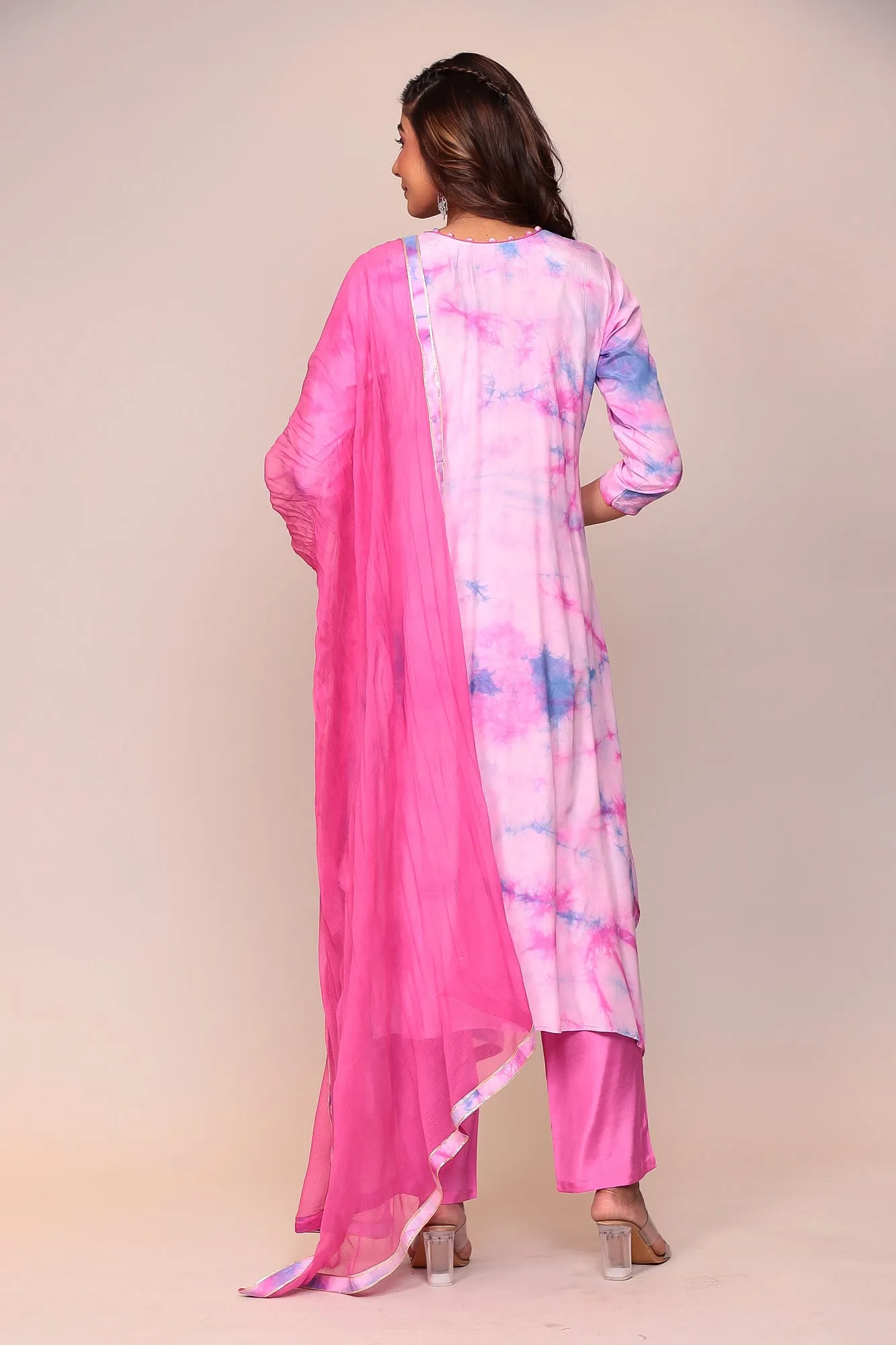 Assymetrical Cut Tie & Dye Silk Kurta Stitched (3Pc) with Gota Patti and Thread Work