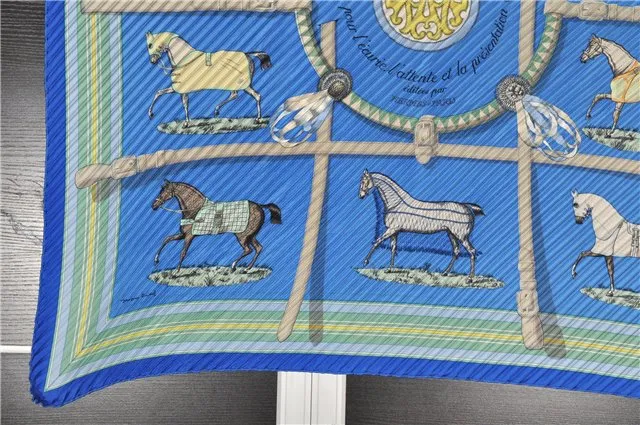 Auth HERMES Pleats Scarf "Couvertures et tenues de jour" Silk Blue Box 4968F