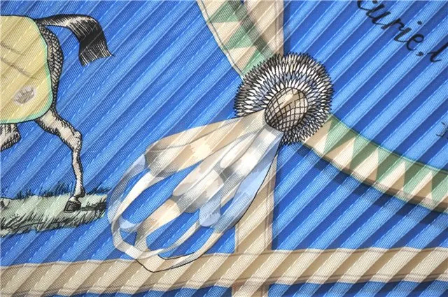 Auth HERMES Pleats Scarf "Couvertures et tenues de jour" Silk Blue Box 4968F