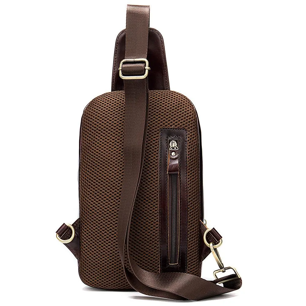 Badass Brown Leather Men's 8-inches Sling Bag Chest Bag One shoulder Backpack Sling Bag For Men