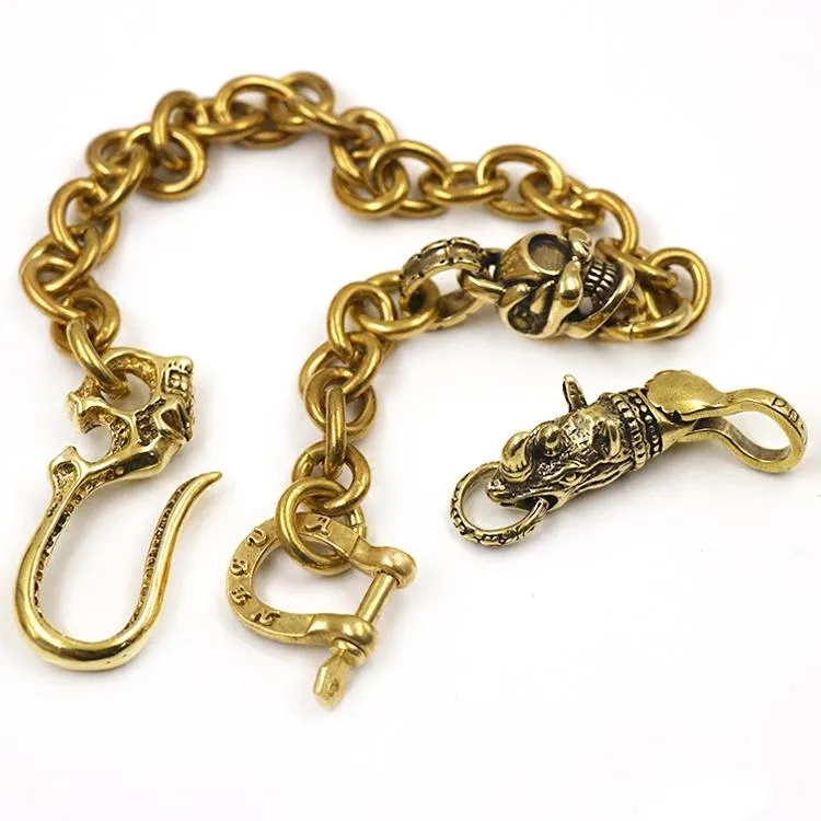 Badass Gold Mens Brass Skull Wallet Chain Pants Chain Skull Biker Wallet CHain For Men