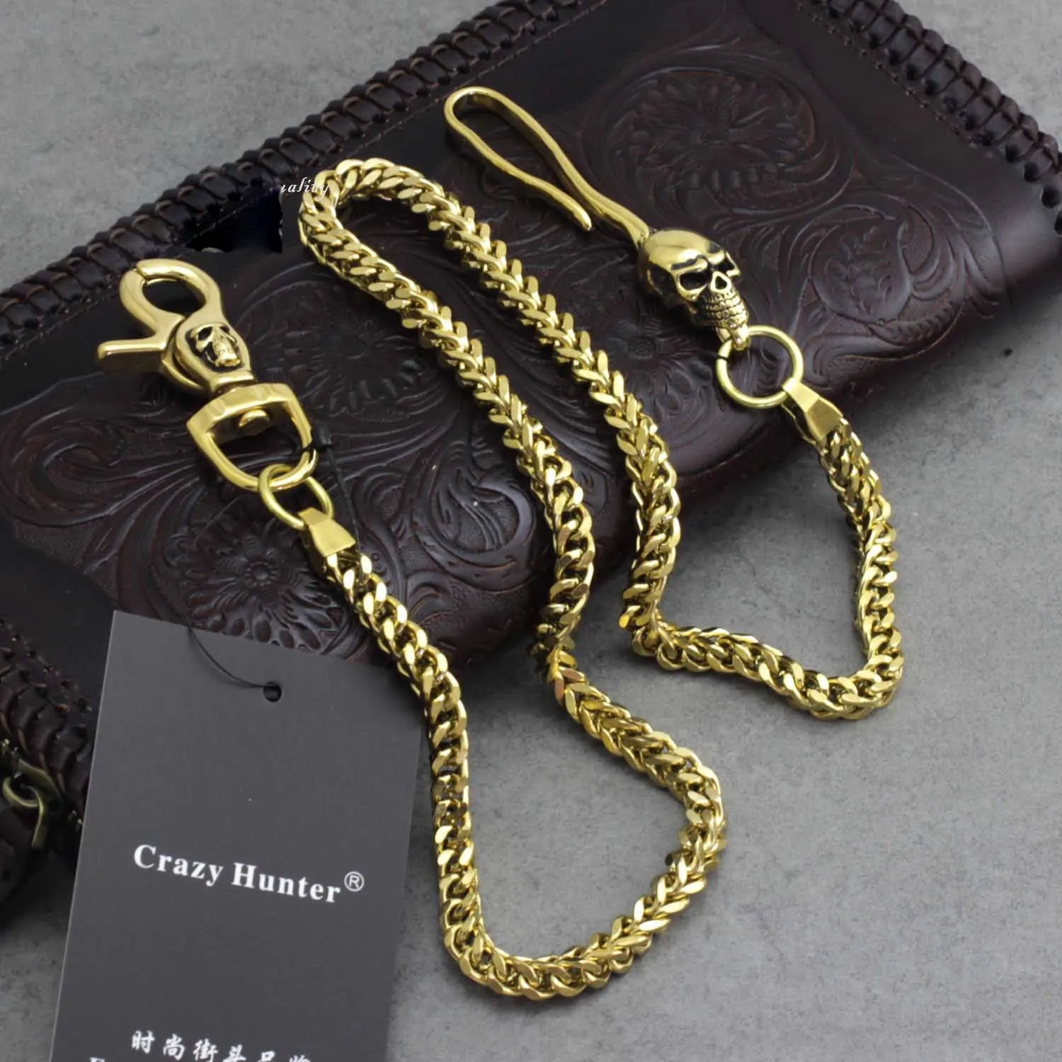 Badass Mens Gold Brass Skull Wallet Chain Long Pants Chain Biker Wallet Chain For Men