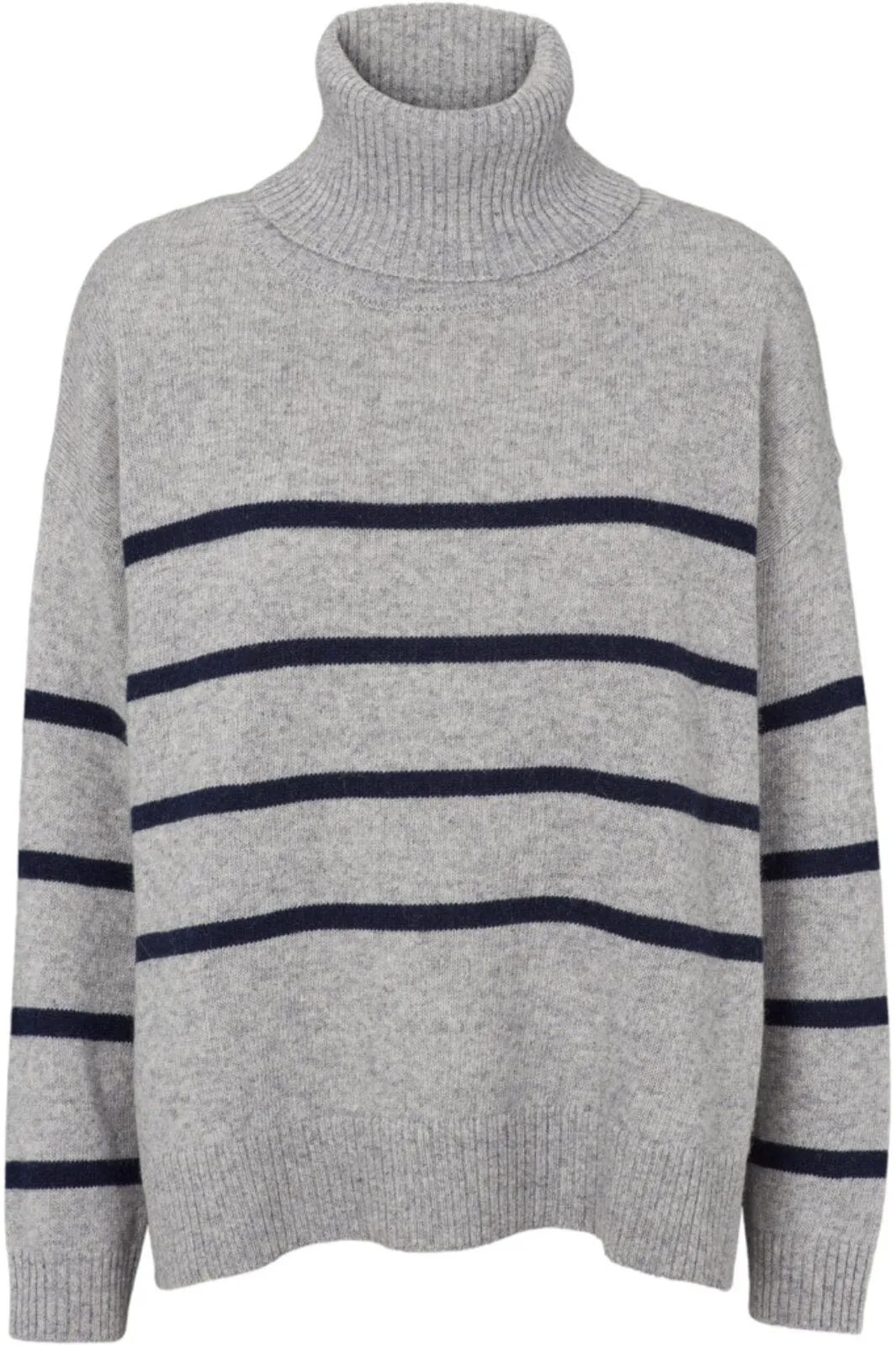 Basic Apparel - Lise Striped T-neck - 718 Light Grey Mel. / Sky Captain