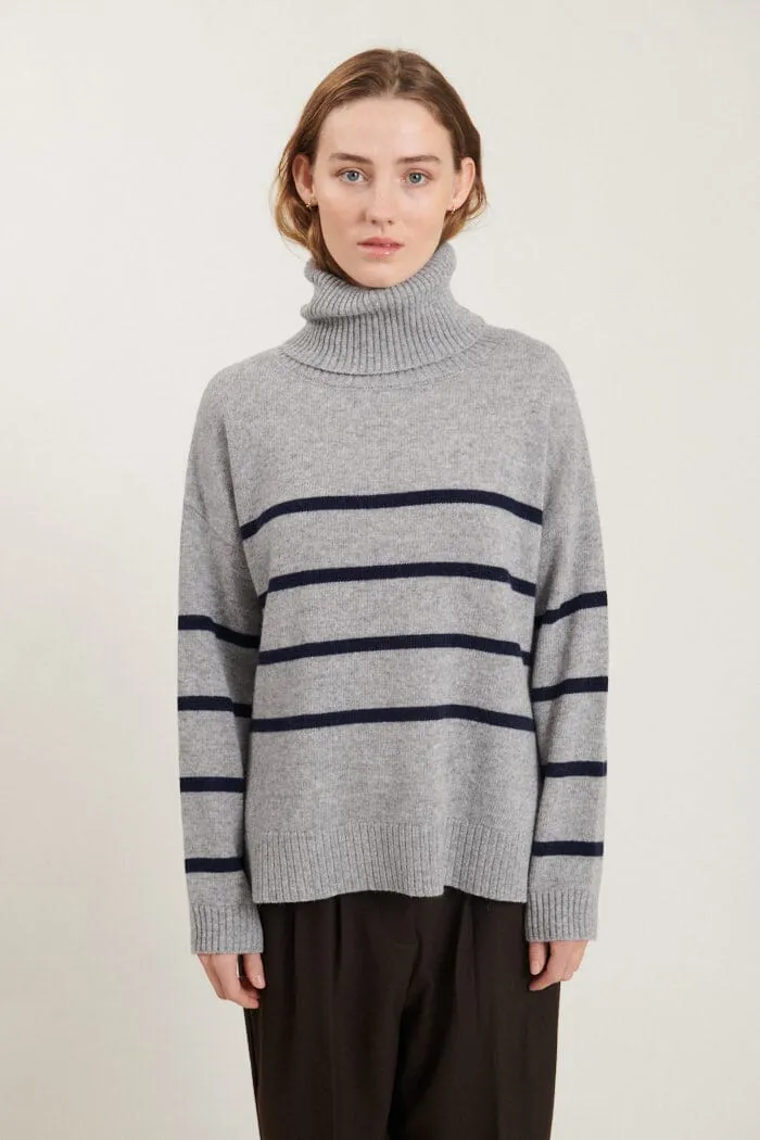 Basic Apparel - Lise Striped T-neck - 718 Light Grey Mel. / Sky Captain