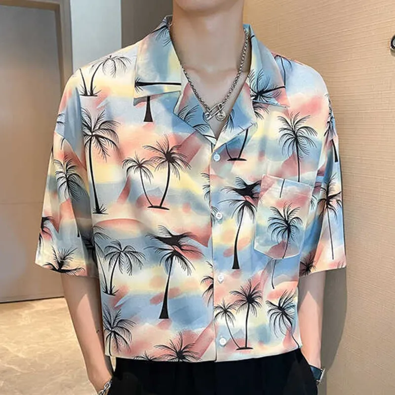 Beach Resort Summer Coconut Tree Print Short Sleeve Shirt