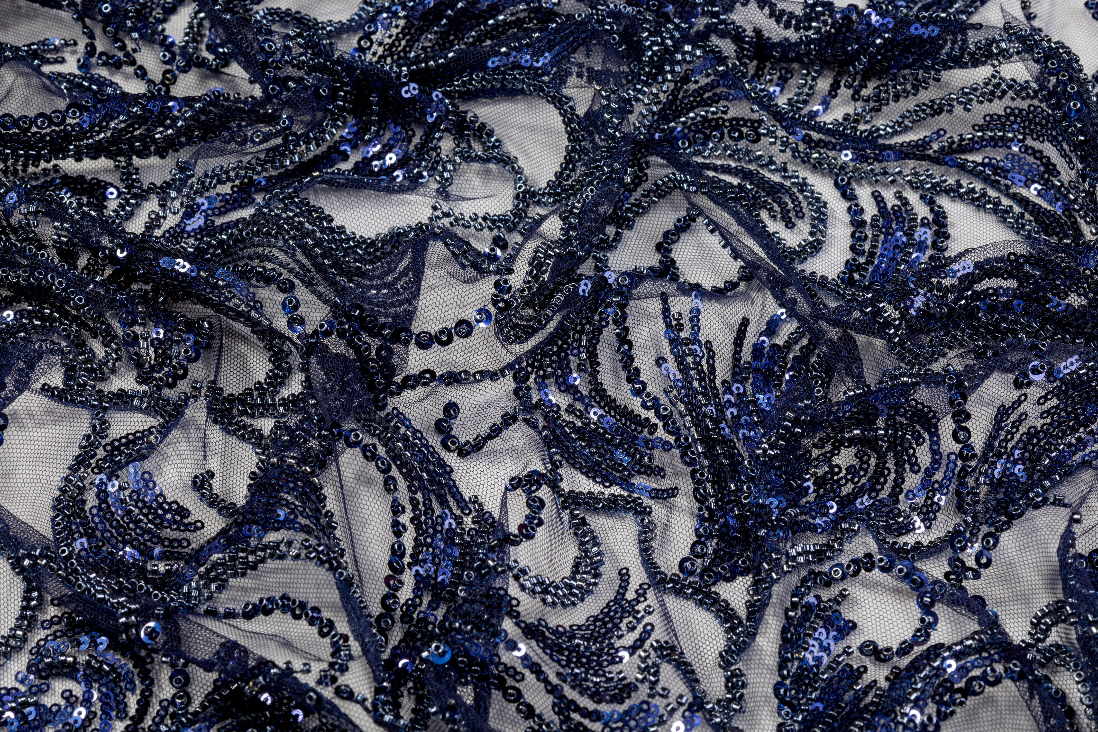 Beaded and Sequined Tulle - Navy