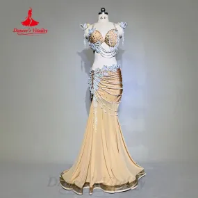 BellyDance Costume Customized High End Luxury Diamond Bra Sexy Hip Wrap Fishtail Skirt 2pcs Oriental Dance Performance Costumes