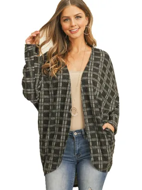 Black & Beige Plaid Open Front Cardigan Sweater Jacket Size Small