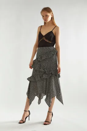 Black-Animal Spot Asymmetric Ruffle Midi-Skirt