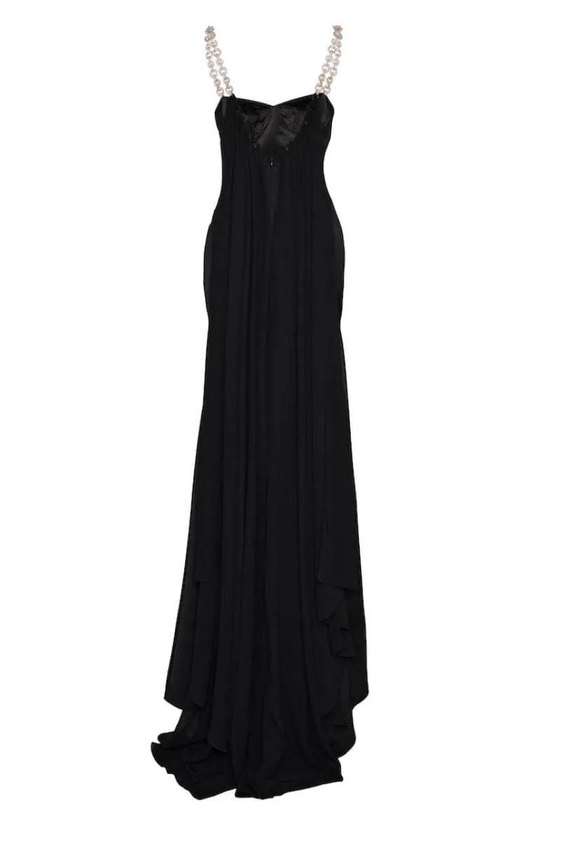 BLACK CHAIN STRAP LONG MERMAID CUT DRESS