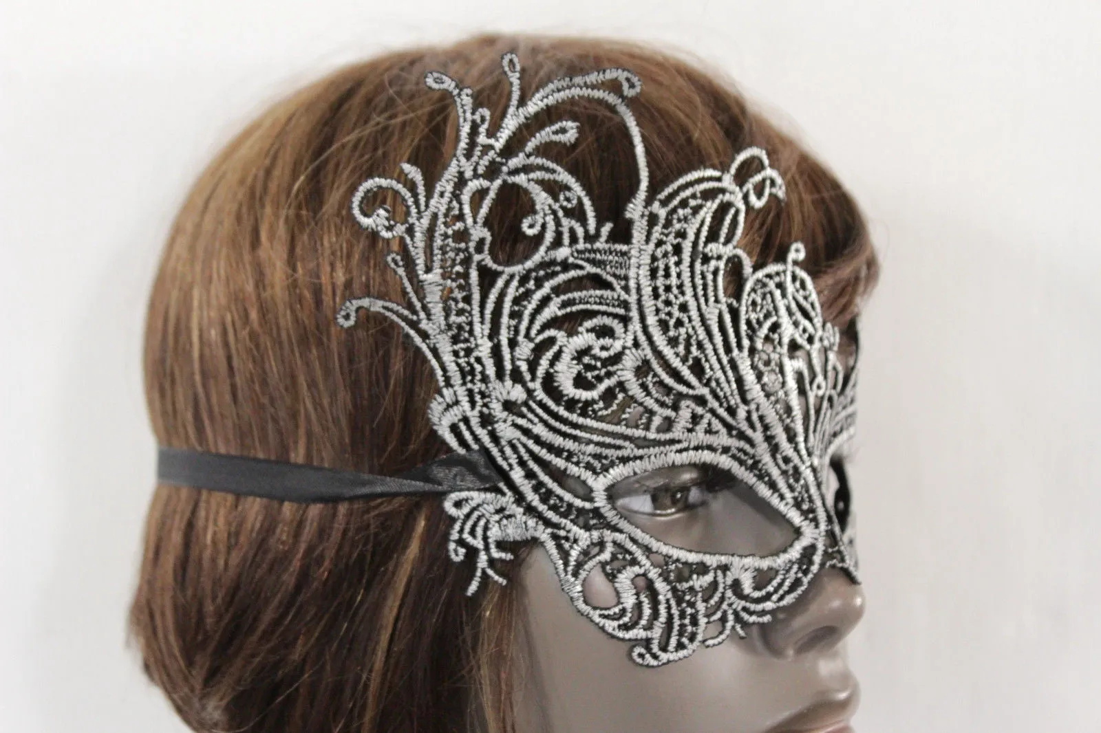 Black Fabric Half Face Eye Costume Flowers Filigree Mask Halloween Women Men