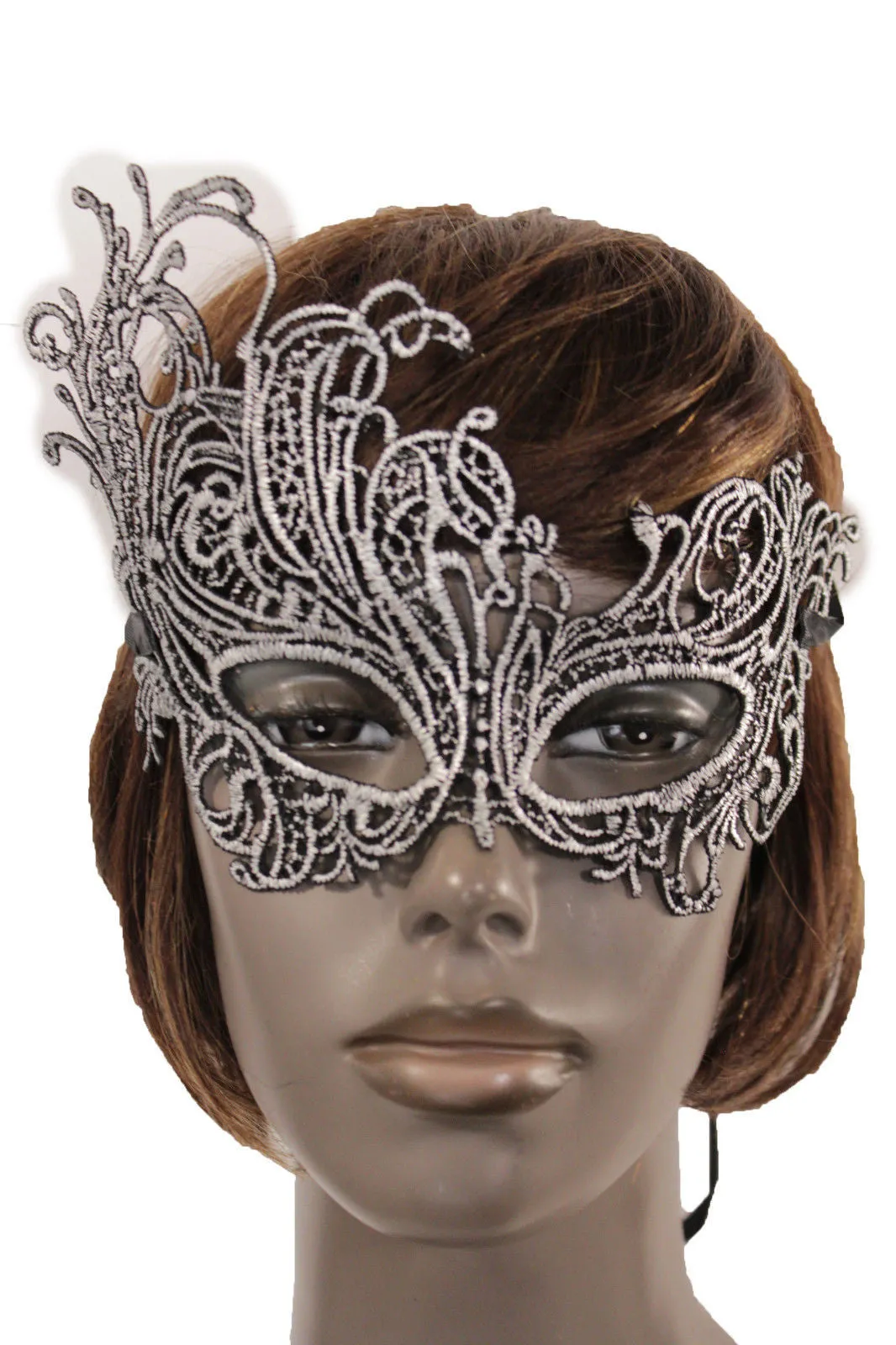 Black Fabric Half Face Eye Costume Flowers Filigree Mask Halloween Women Men