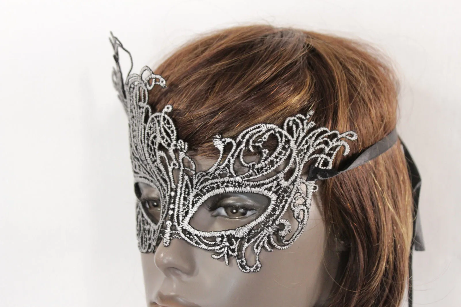 Black Fabric Half Face Eye Costume Flowers Filigree Mask Halloween Women Men