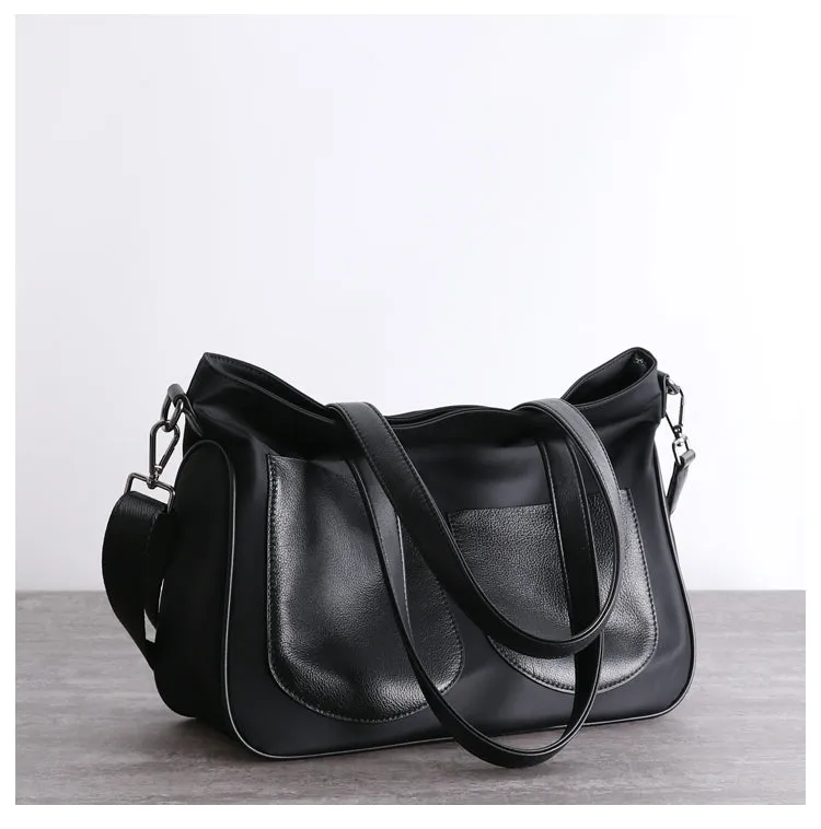 Black Womens Nylon Leather Shopper Totes Womens Nylon Shoulder Tote Black Nylon Handbag Purse for Ladies