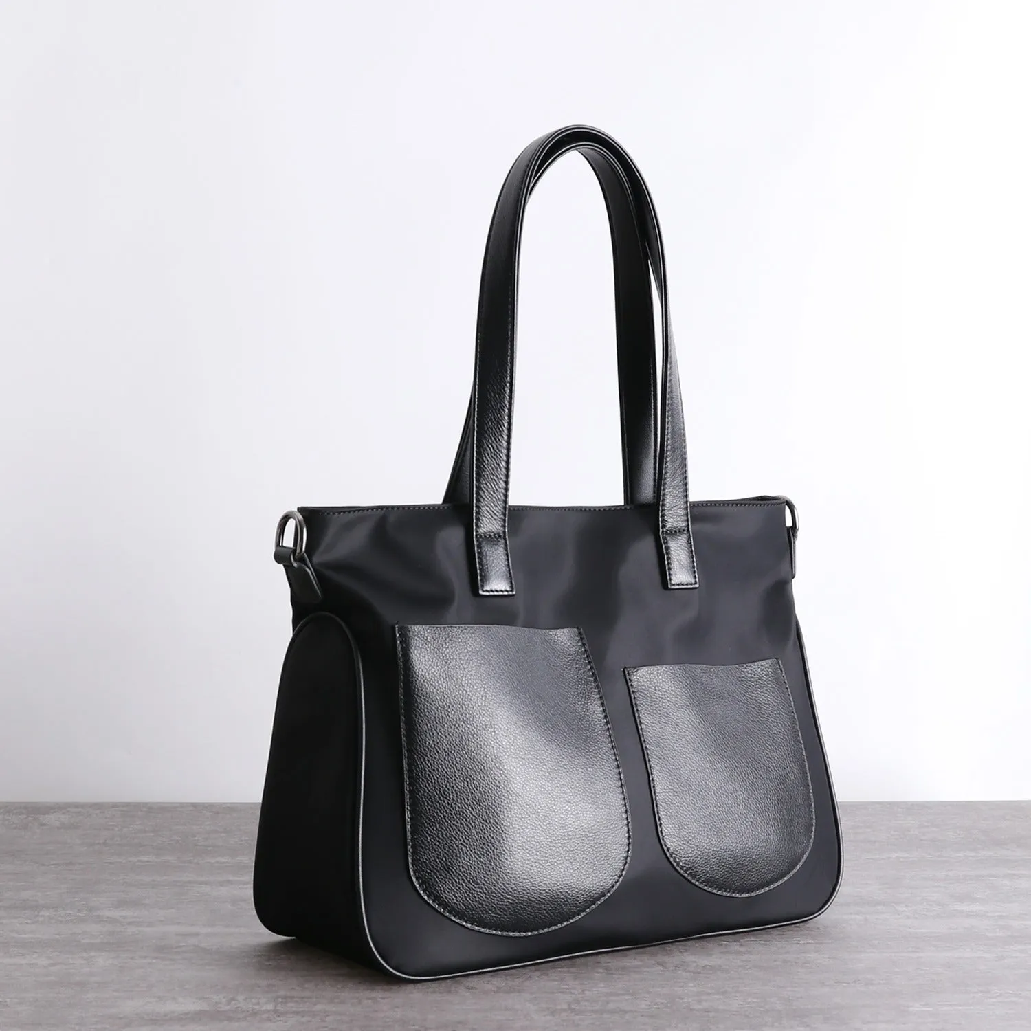 Black Womens Nylon Leather Shopper Totes Womens Nylon Shoulder Tote Black Nylon Handbag Purse for Ladies