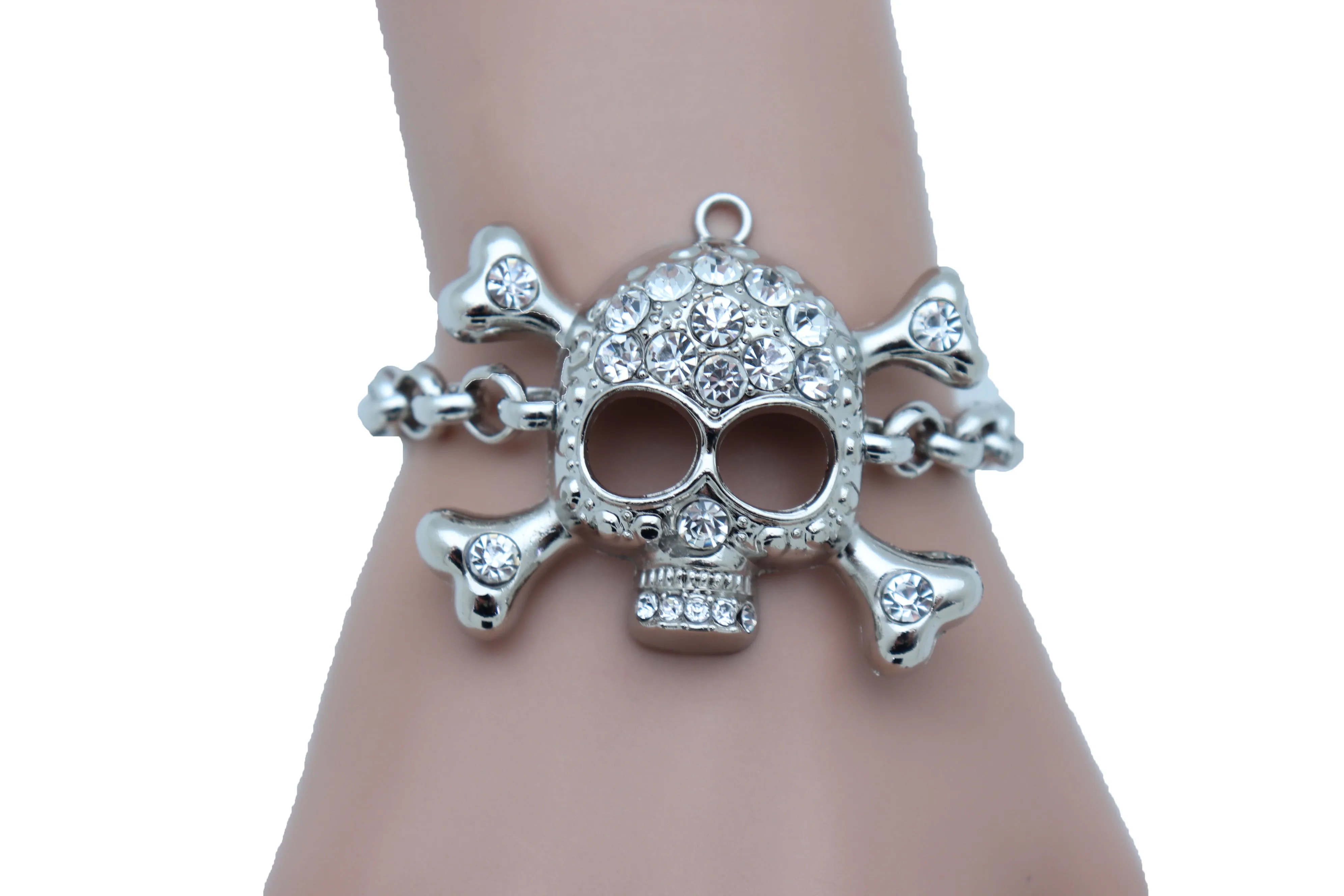 Bling Jewelry Silver Skull Charm Skeleton Bracelet Metal Chain Gothic Punk