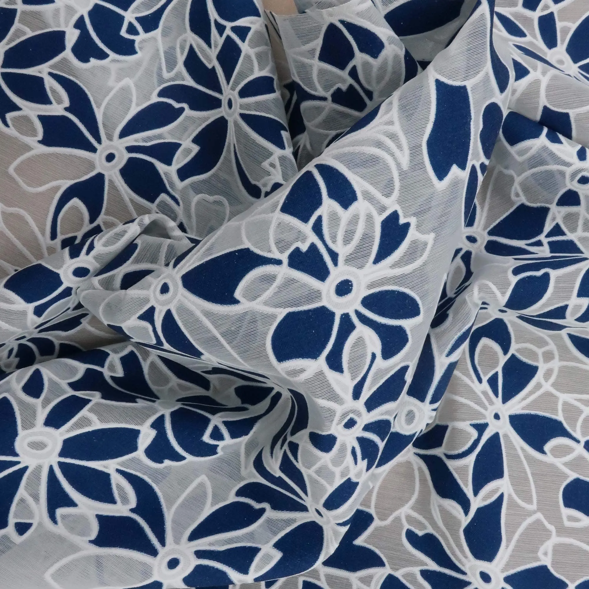 Blue And White Floral Organza Fabric