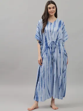 Blue Tie and Dye Print Rayon Kaftan by Shararat