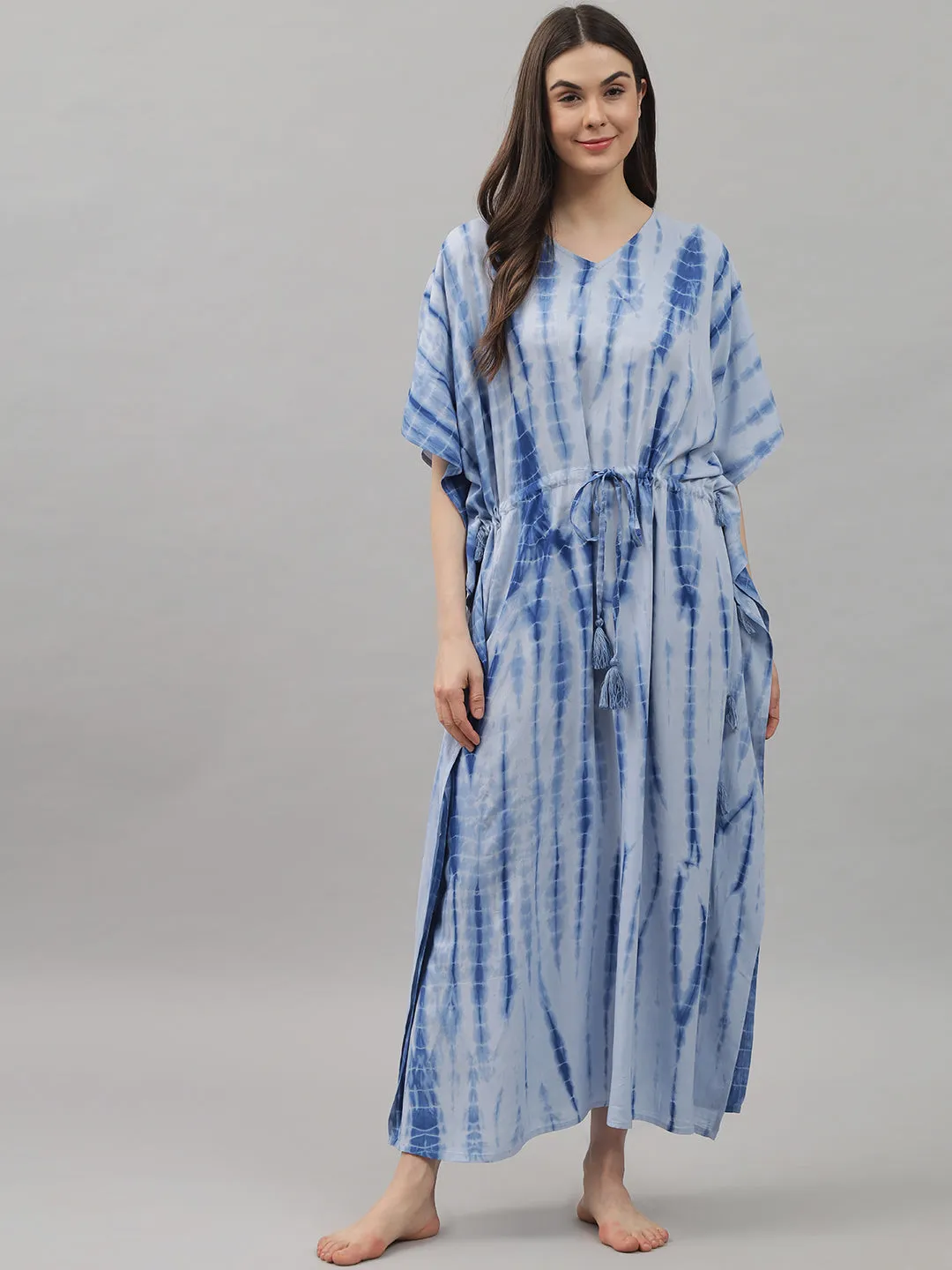 Blue Tie and Dye Print Rayon Kaftan by Shararat