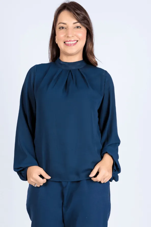 Blusa Manga Longa  Pregas Colo Suzana Azul Marinho