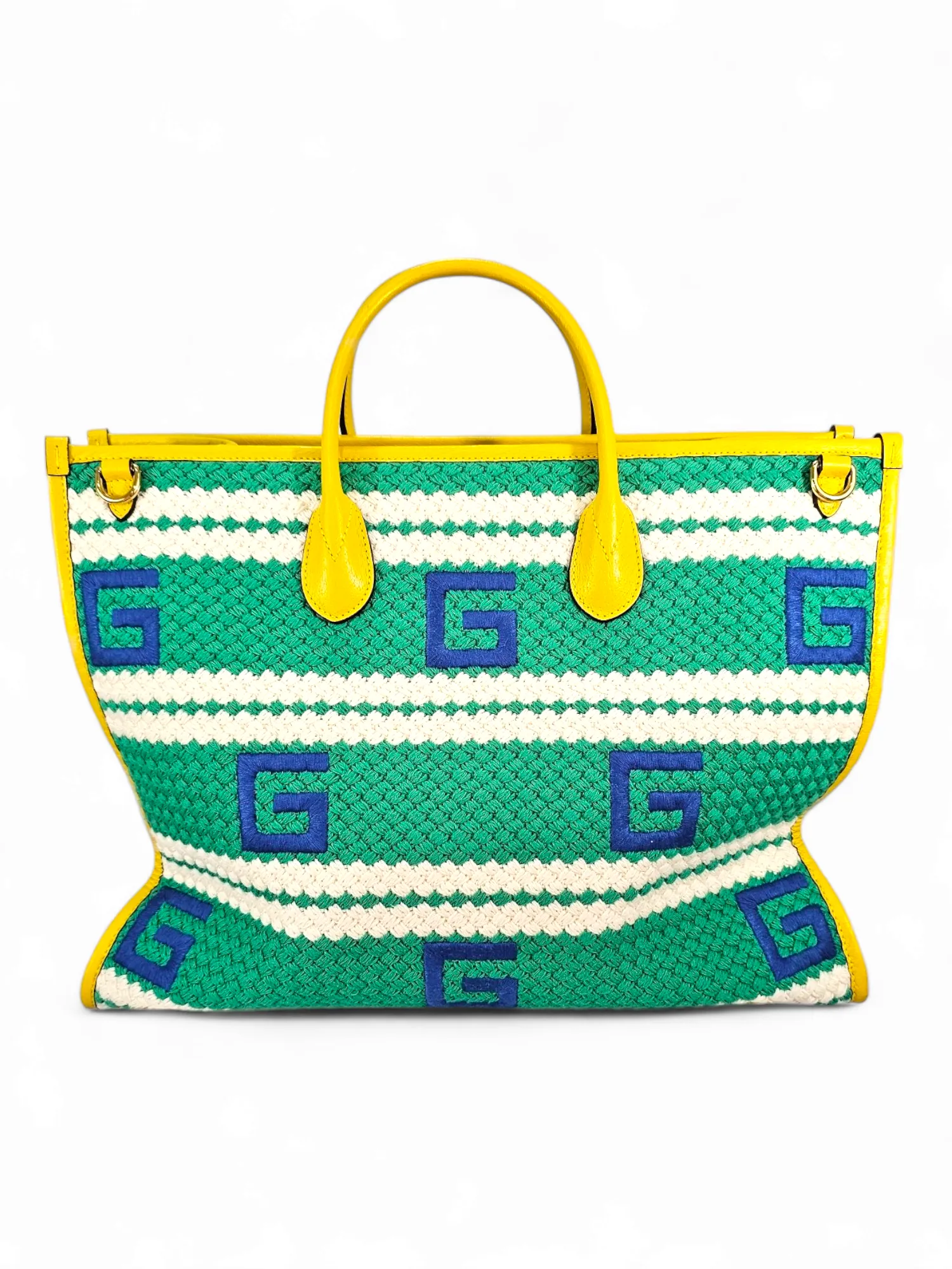 Bolsa Gucci Tote Rio de Janeiro Striped em Crochê é Couro Amarelo