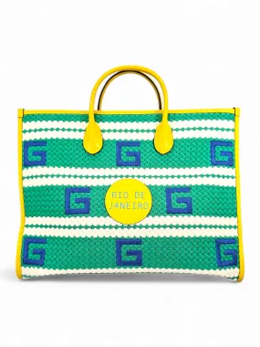 Bolsa Gucci Tote Rio de Janeiro Striped em Crochê é Couro Amarelo