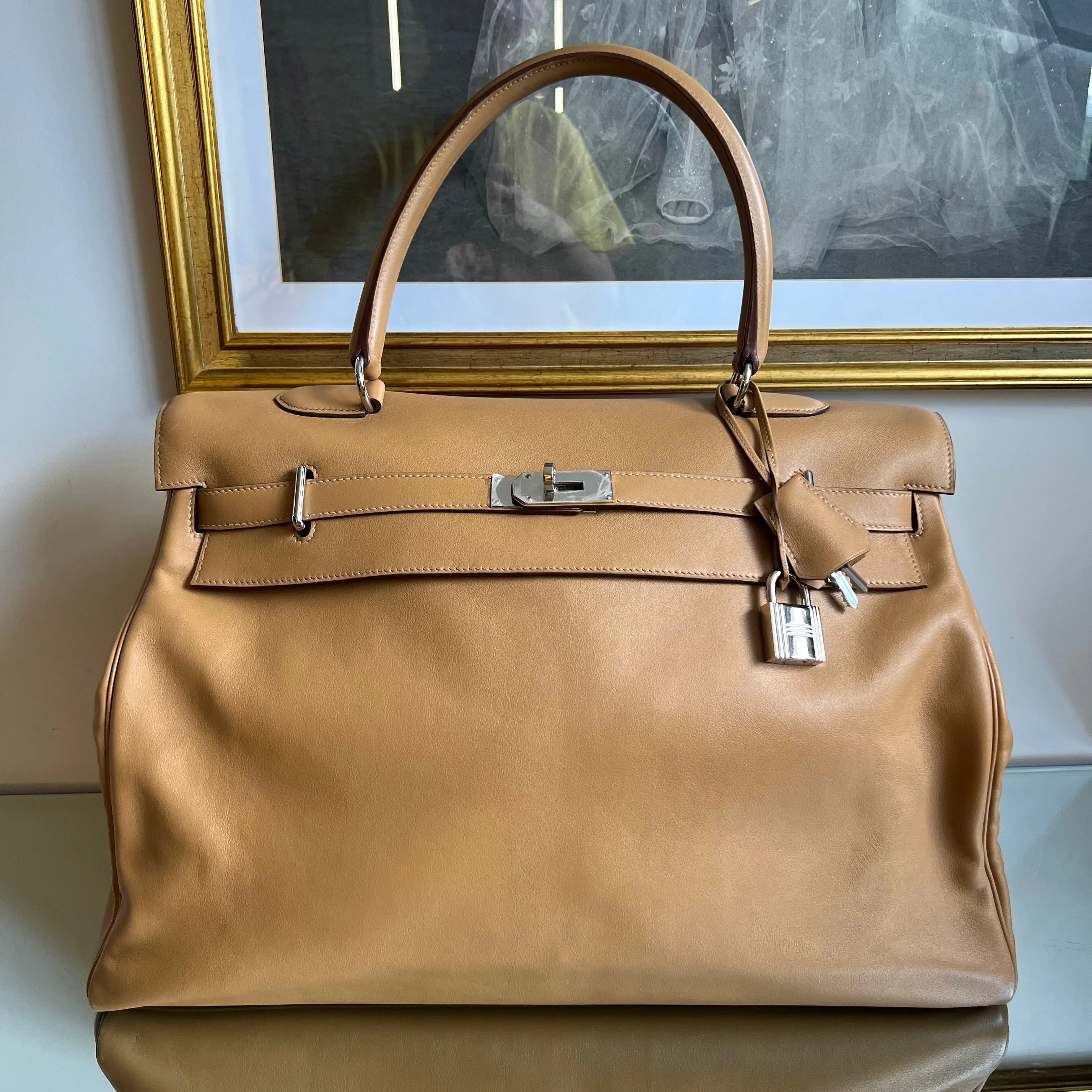 Bolsa Hermès Kelly 50 Box Calf Bege com Ferragem Palladium