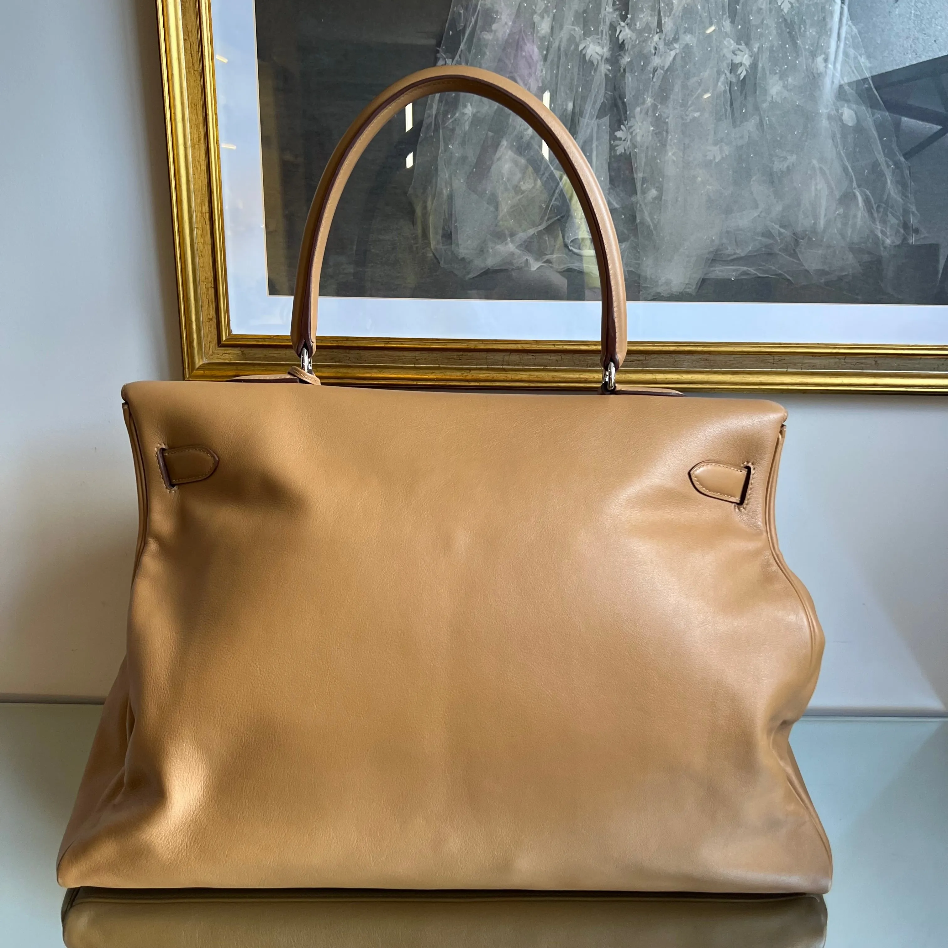 Bolsa Hermès Kelly 50 Box Calf Bege com Ferragem Palladium