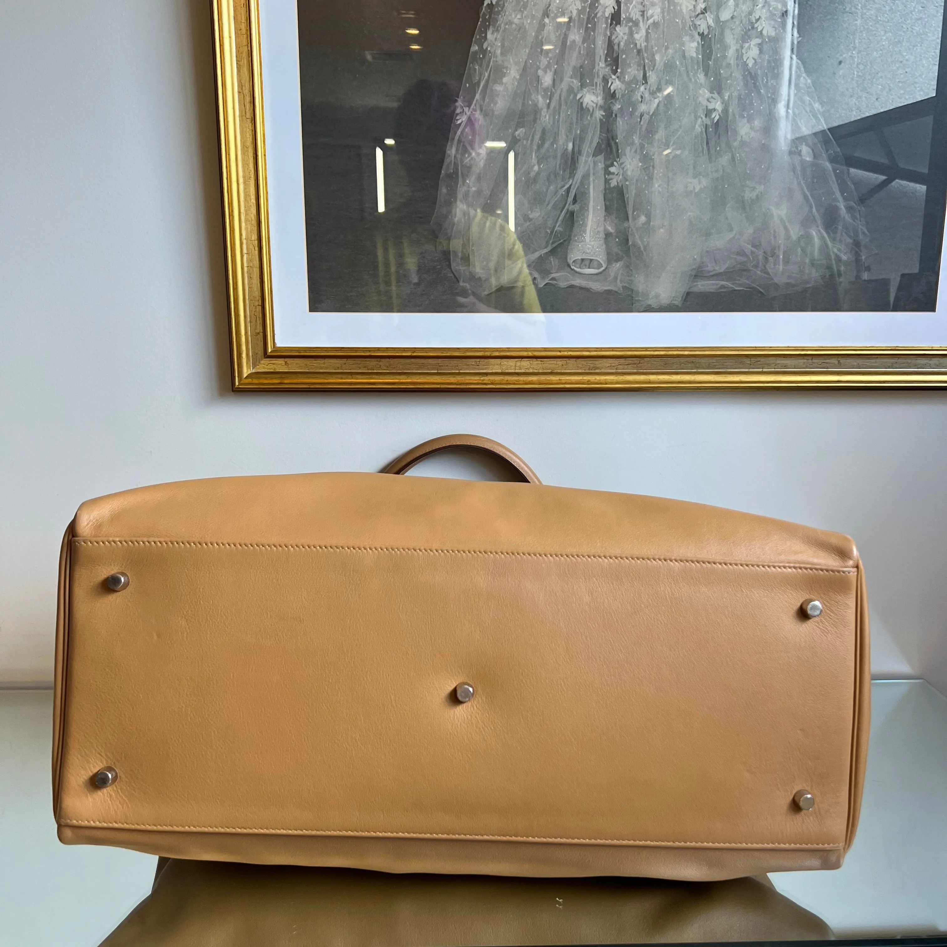 Bolsa Hermès Kelly 50 Box Calf Bege com Ferragem Palladium