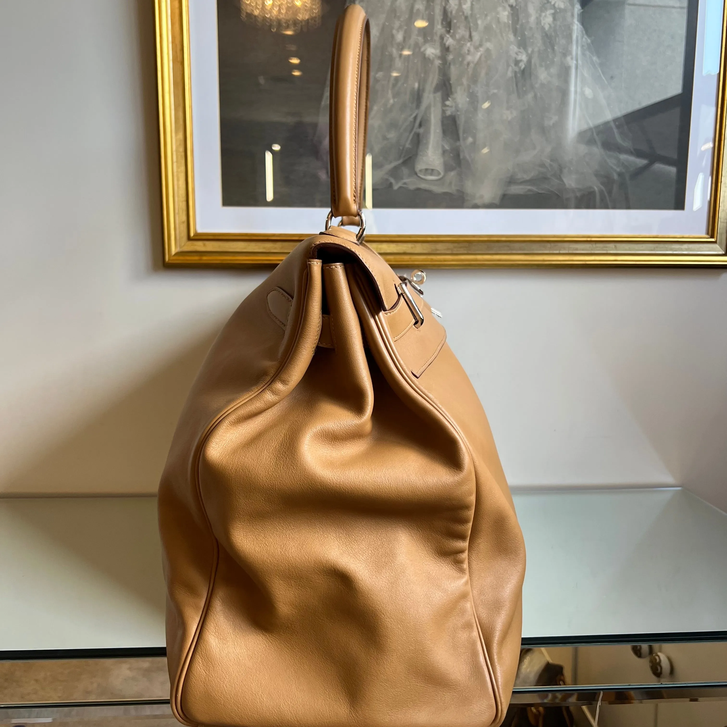 Bolsa Hermès Kelly 50 Box Calf Bege com Ferragem Palladium