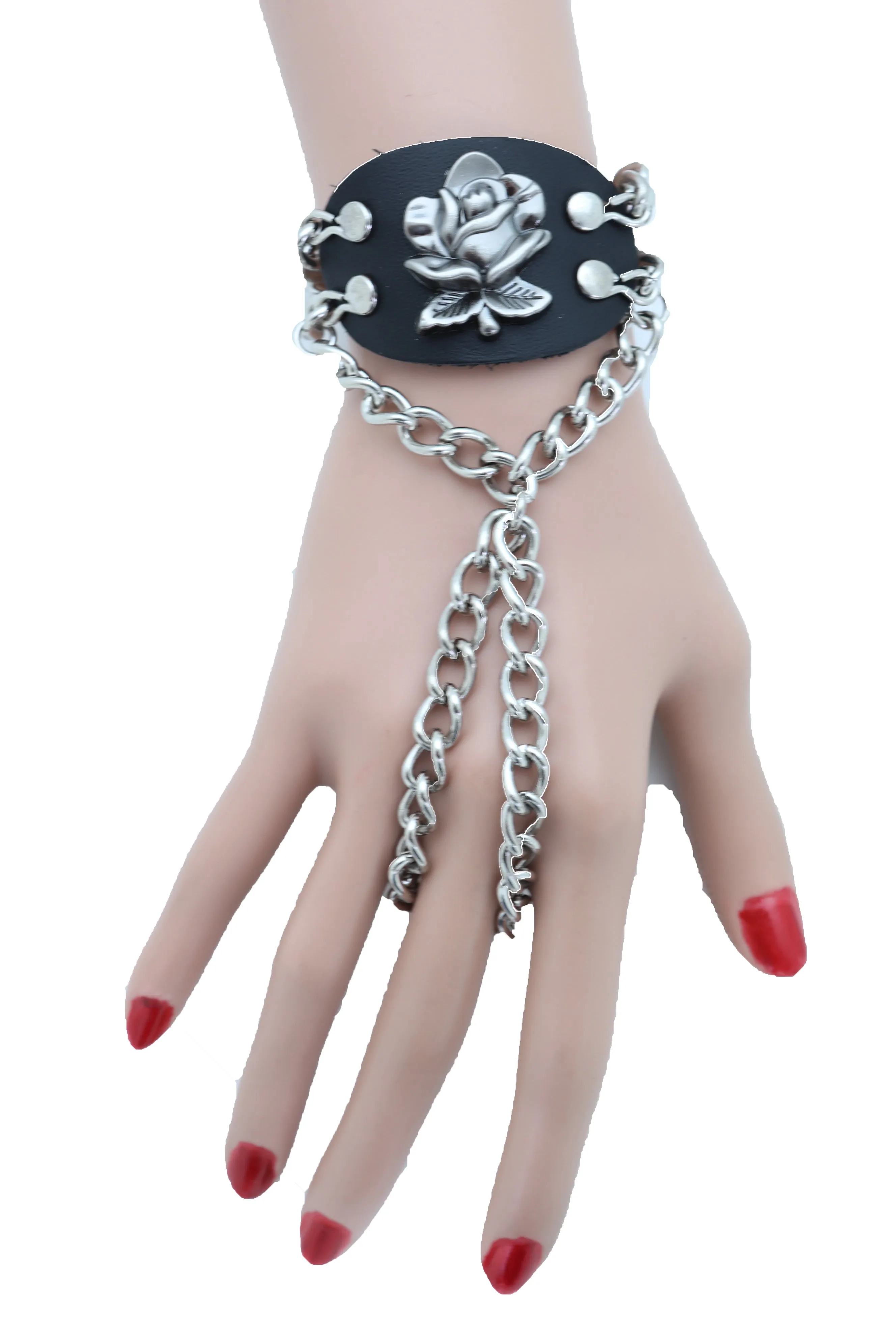 Bracelet Silver Metal Hand Chain Rose Flower Charm Biker