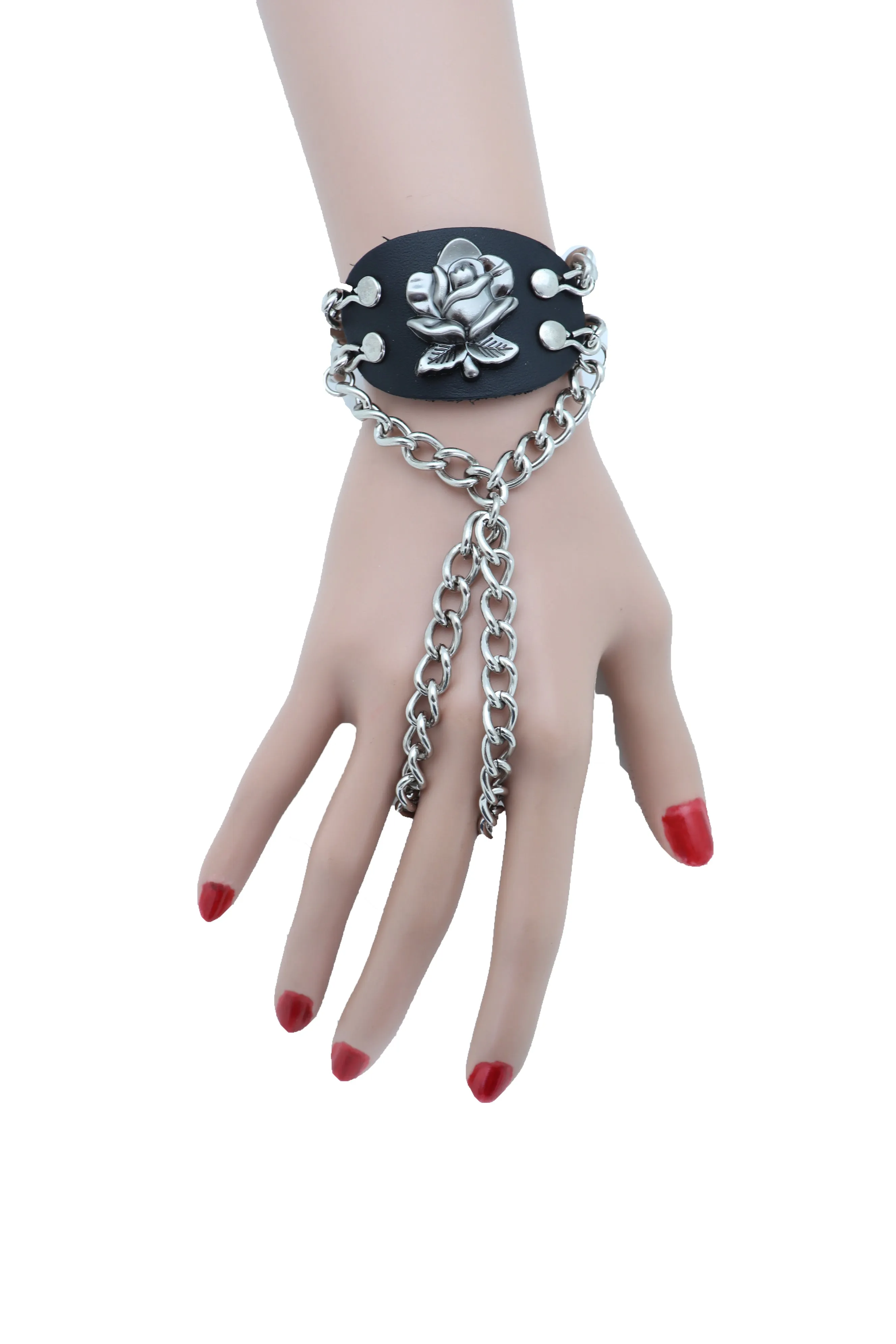 Bracelet Silver Metal Hand Chain Rose Flower Charm Biker