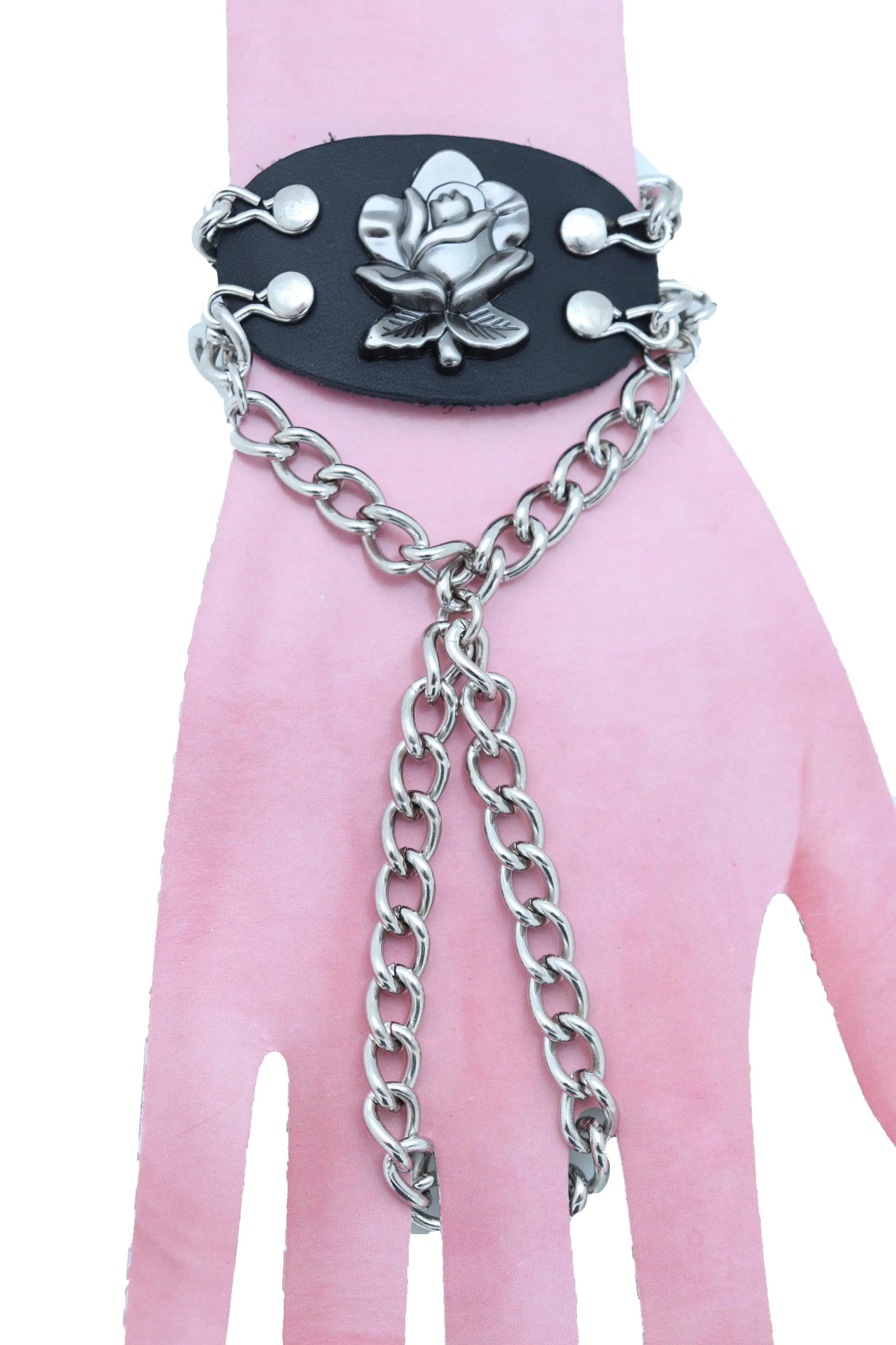 Bracelet Silver Metal Hand Chain Rose Flower Charm Biker