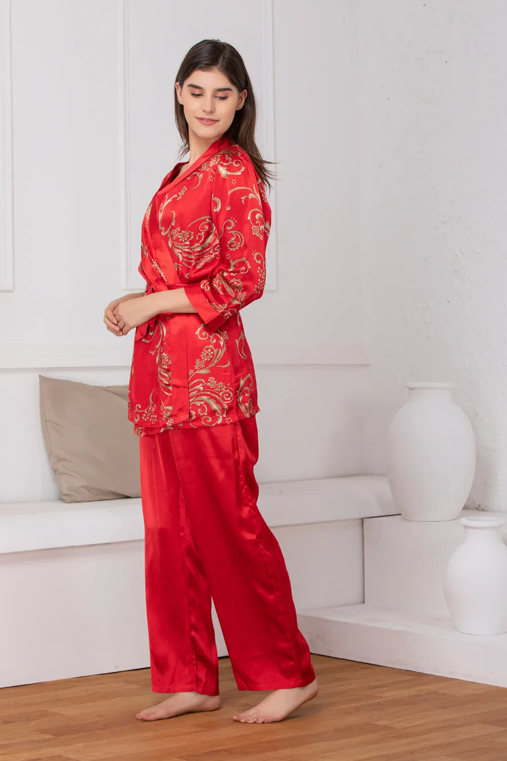 Bridal red satin Night suit with print robe