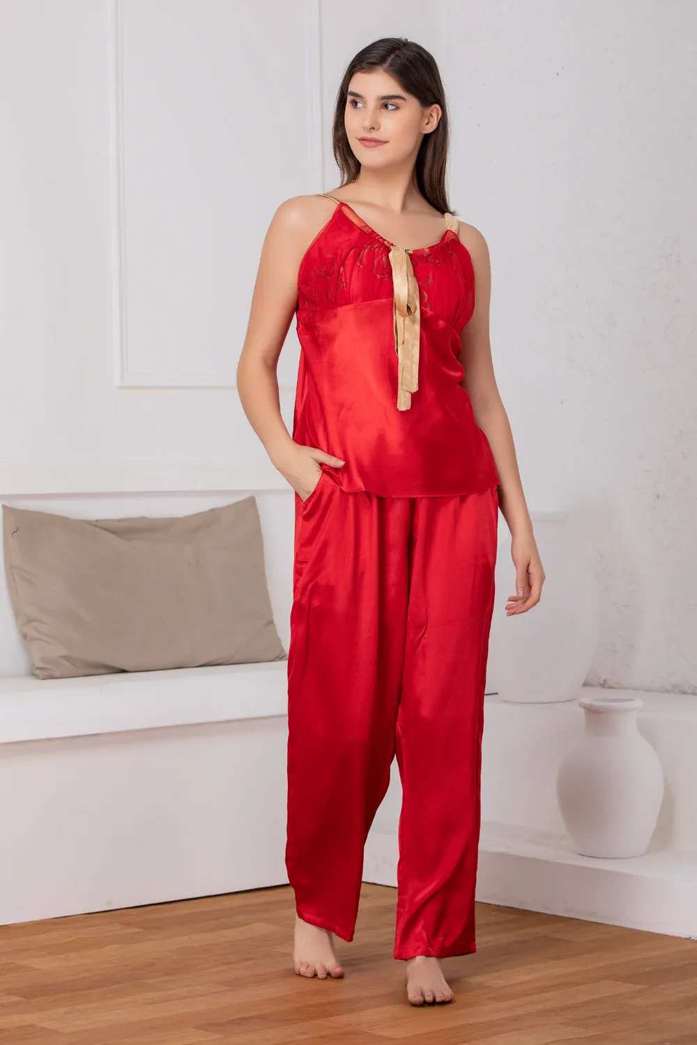 Bridal red satin Night suit with print robe