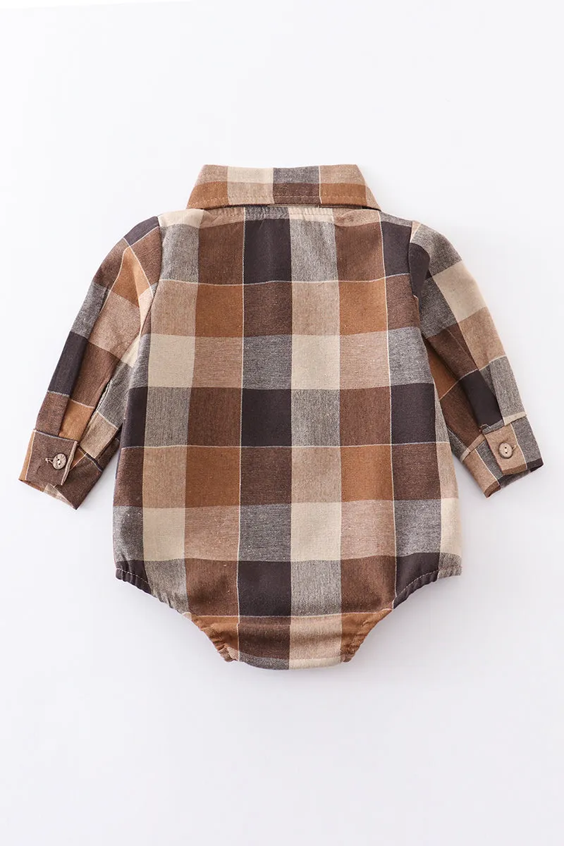 Brown plaid button down boy onesie shirt