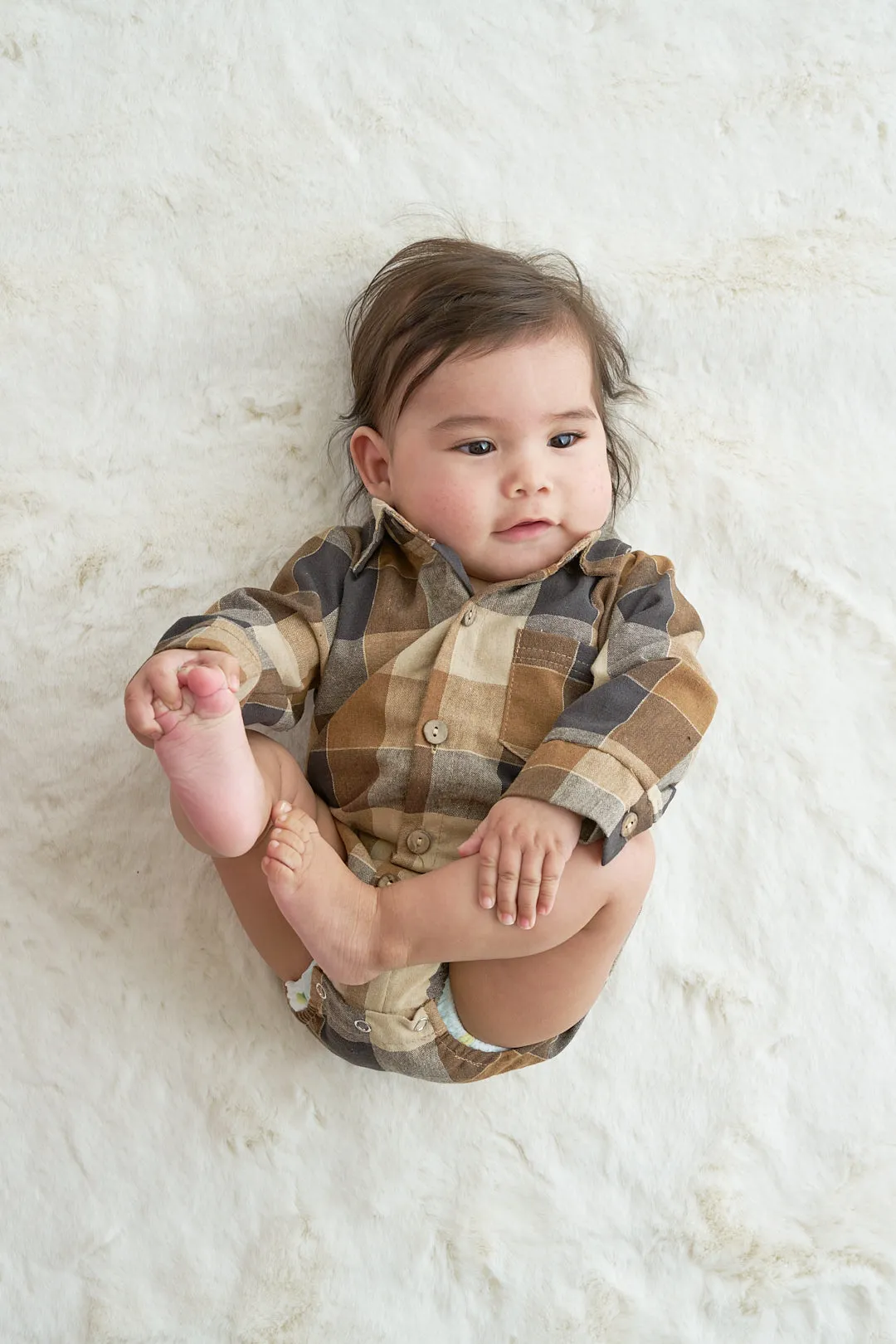 Brown plaid button down boy onesie shirt