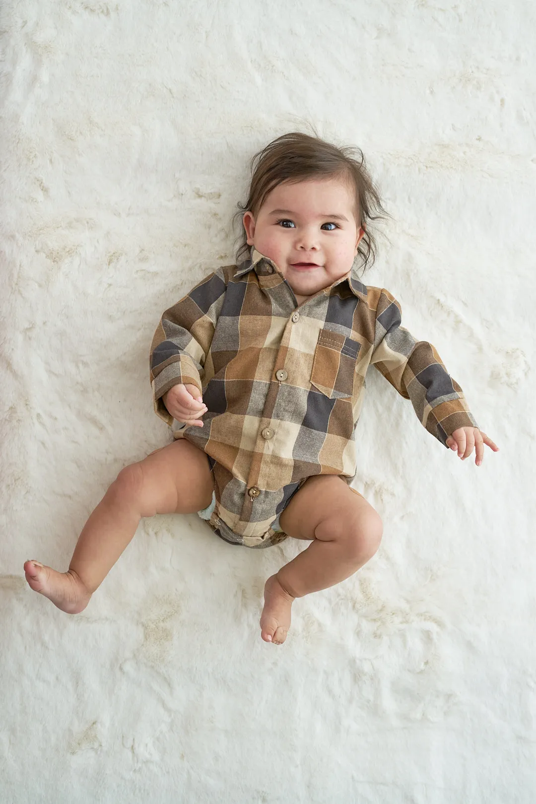 Brown plaid button down boy onesie shirt