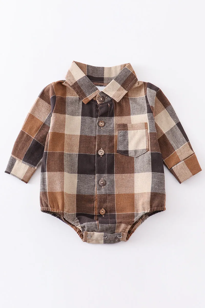 Brown plaid button down boy onesie shirt