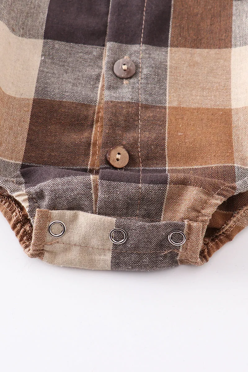 Brown plaid button down boy onesie shirt