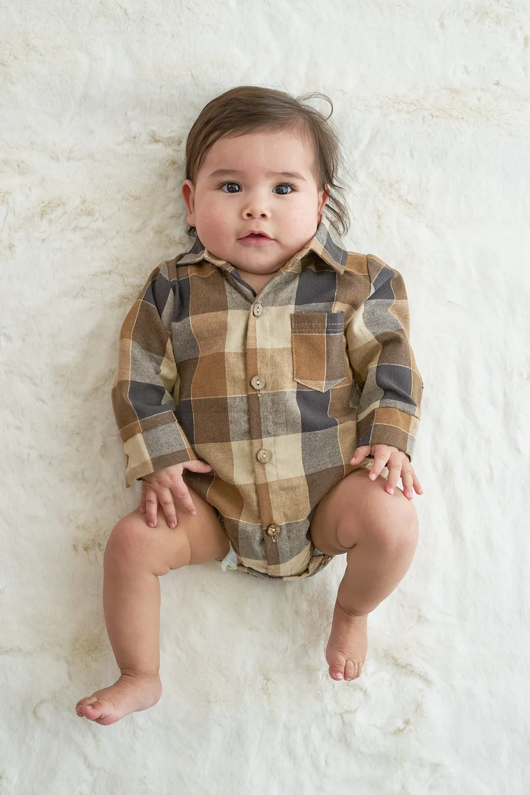 Brown plaid button down boy onesie shirt