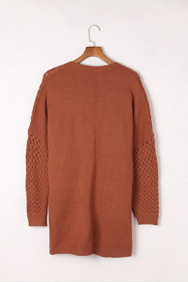 Brown Woven Texture Open Front Pockets Knit Cardigan