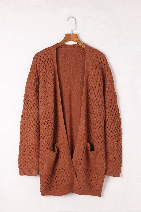 Brown Woven Texture Open Front Pockets Knit Cardigan