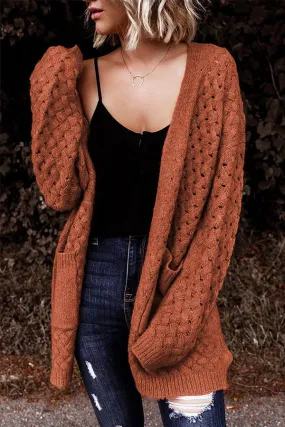 Brown Woven Texture Open Front Pockets Knit Cardigan