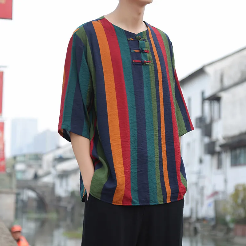 Button Colored Striped Patchwork T-shirt