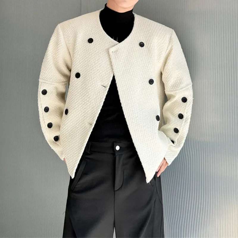 Button-embellished Loose Collarless Woolen Jacket