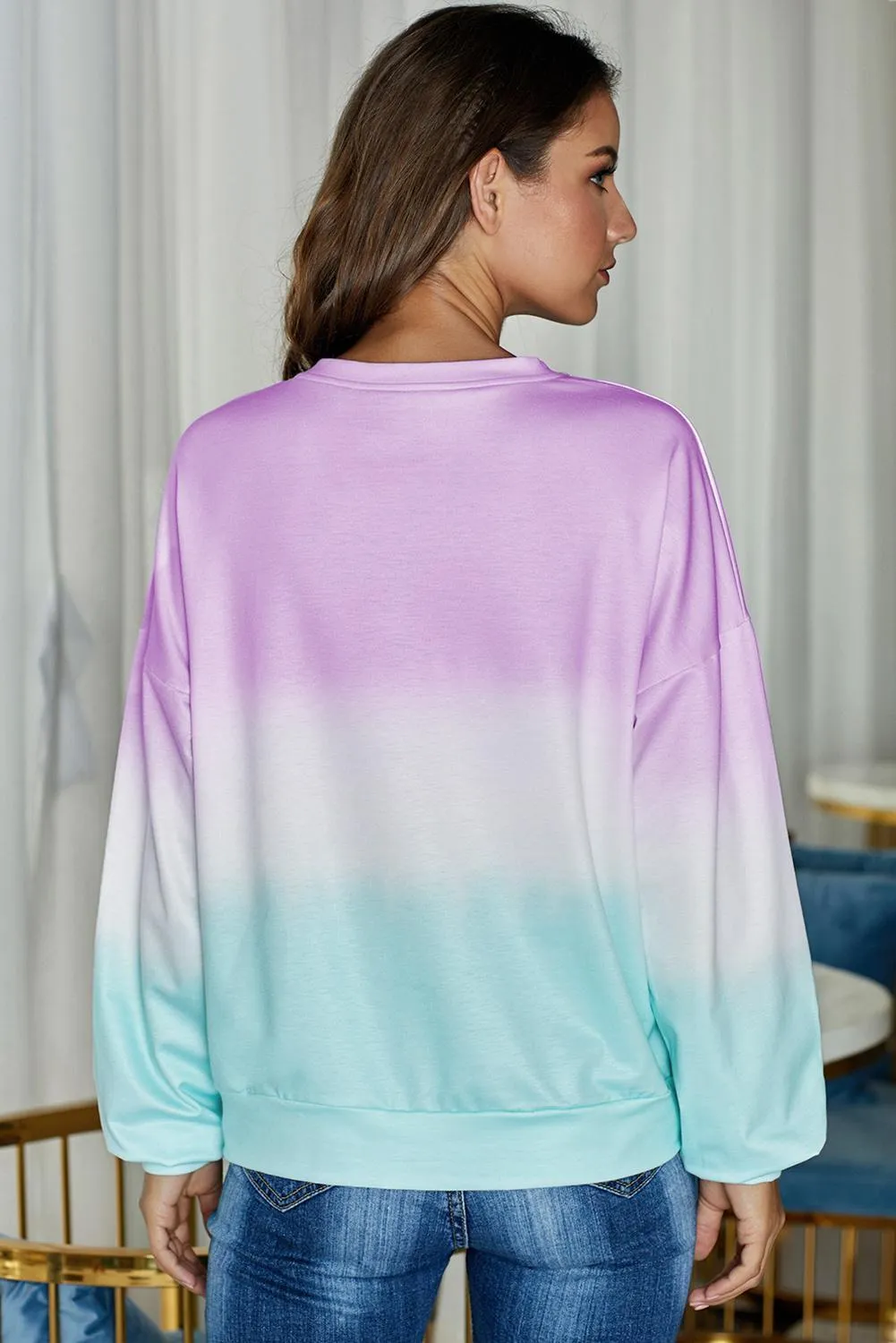 Casual Purple Color Block Tie Dye Pullover Sweatshirt