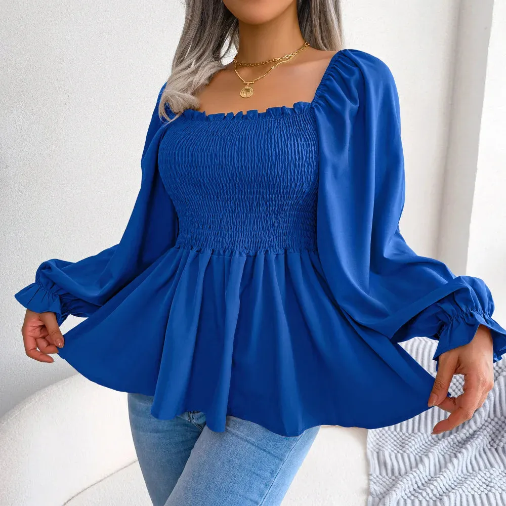 Casual Squared Neck Pleated Ruffle Trim Solid Lantern Sleeve Blouse