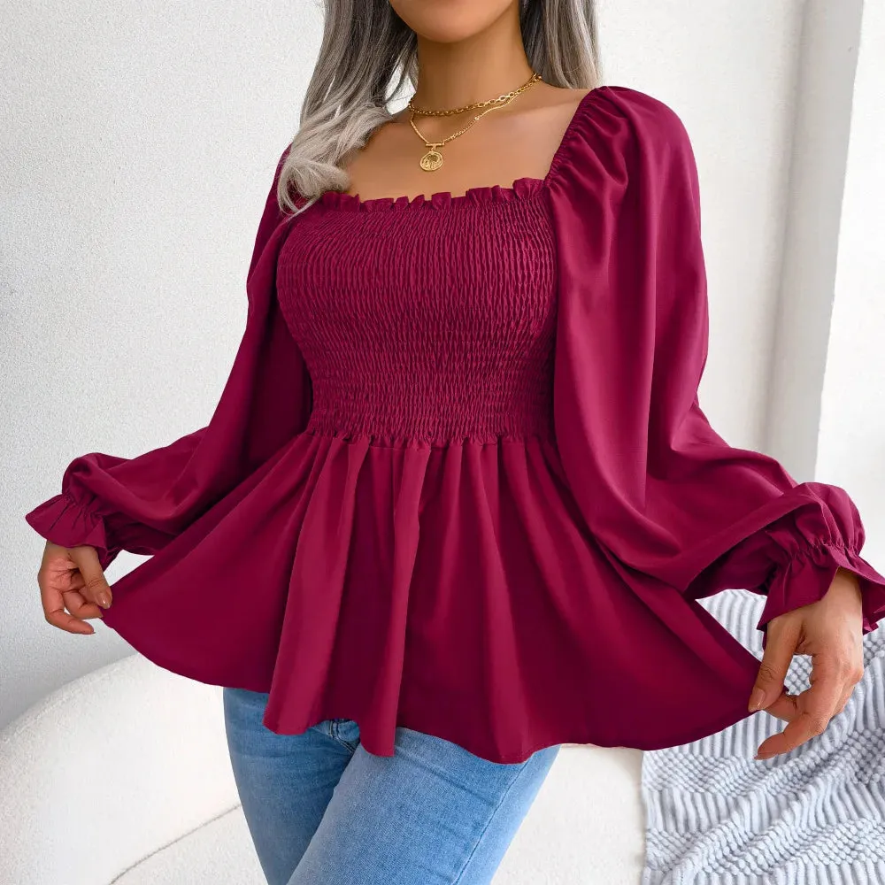 Casual Squared Neck Pleated Ruffle Trim Solid Lantern Sleeve Blouse